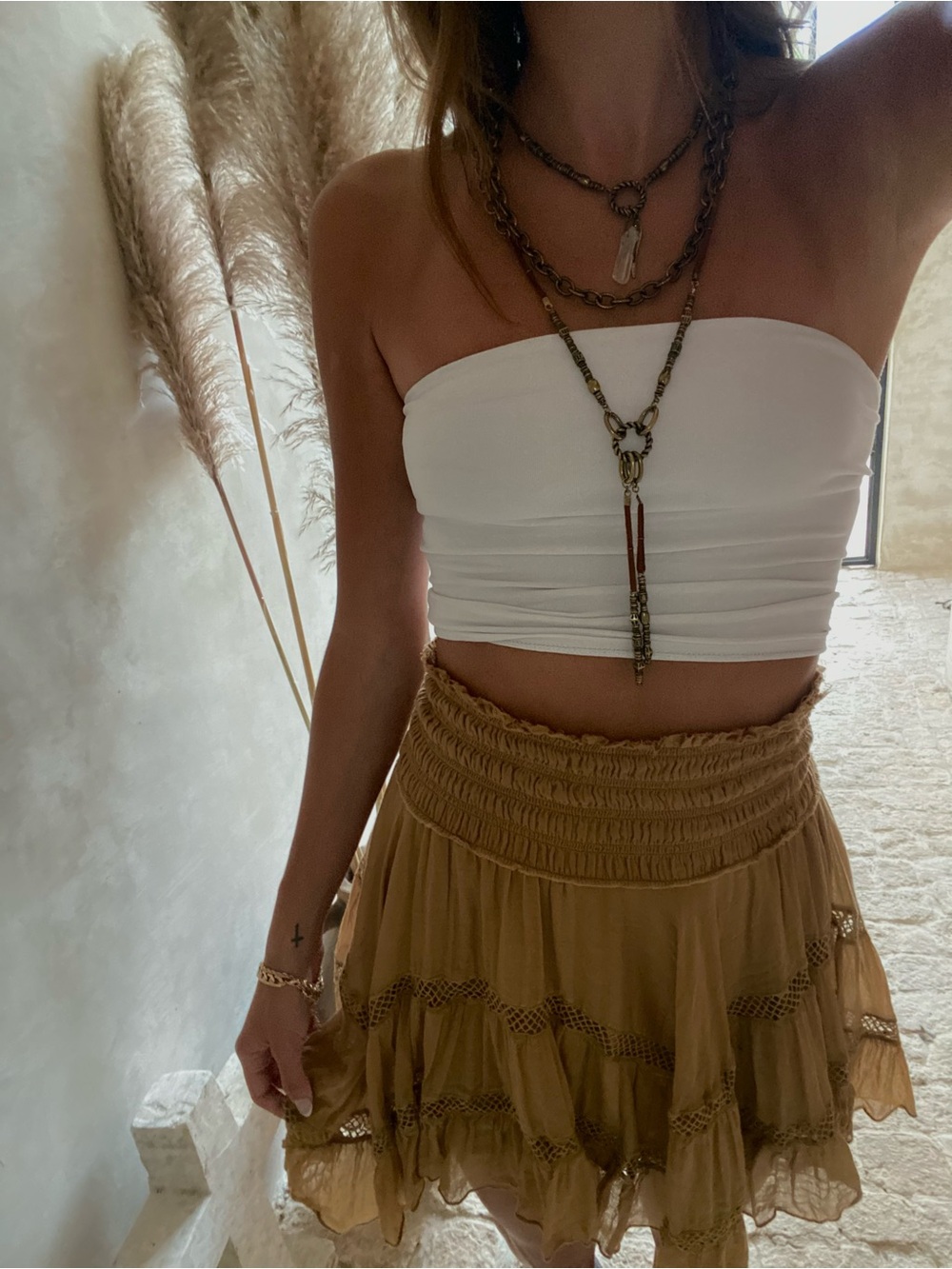 Free People Boho Crochet-Trim Circle Skirt in Tan